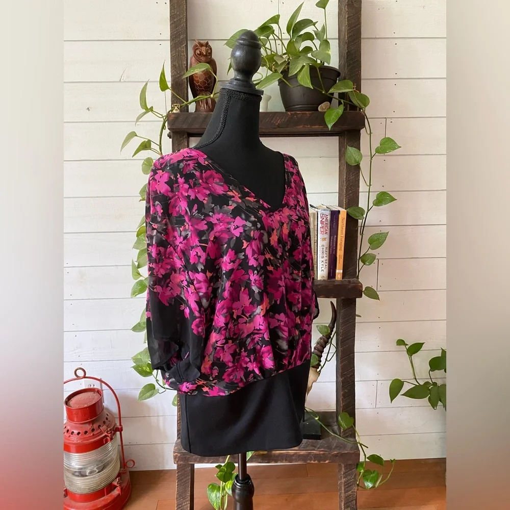 Elle: Pink and Black Floral Blouse with Cami